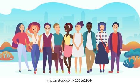 Group of happy people or company team in casual clothes on a city background. Trendy soft gradient color vector illustration.