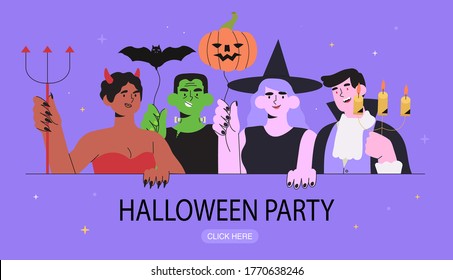 Group of happy people in costumes of witch, devil, vampire and frankenstein monster celebrate halloween with balloons. Concept of halloween party with cartoon characters for banner, web page, flyer.