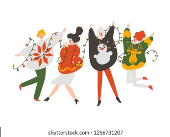 Group of happy people dancing in ugly christmas sweaters isolated on white background. New year ugly sweater party greeting card.