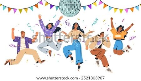 Group of happy people dancing under a disco ball with colorful bunting and confetti. Ideal for celebration, party, youth culture, fun gatherings, joyous occasions. Modern vector art style