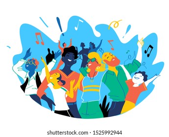 Group of happy people of different ages together celebrate a special event. Happy family enjoy concert, music festival, party, show, performance, recital. Vector illustration