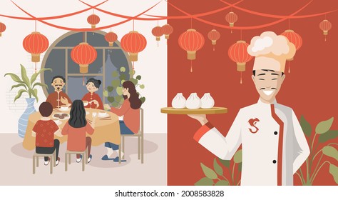 Group of happy people eating in Chinese restaurant vector flat illustration. Smiling chef holding plate with steamed buns or dim sums. Traditional delicious Chinese cuisine concept.