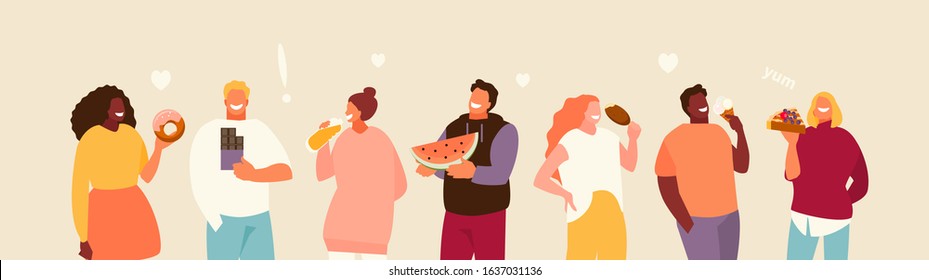 Group Of Happy People Eating Sweets. Body Positive And Enjoyment Of Food Vector Illustration