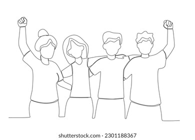 Group of happy people embracing each other. World population one-line drawing