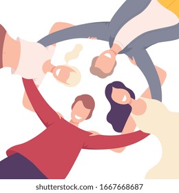 Group of Happy People Embracing Together in Circle, View from the Bottom Flat Vector Illustration