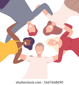 Group of Happy People Embracing Together in Circle, Low Angle View Flat Vector Illustration