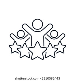 A group of happy people and five stars. Consumer quality rating. Team service satisfaction review. Business evaluation. People  teamwork testimonial.Vector linear icon isolated on white background.
