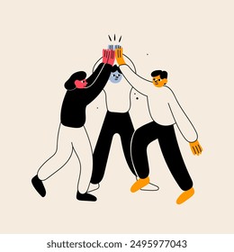 Group of happy people. Friends or coworkers giving high five with joy. Cartoon characters. Community, support, success, unity, friendship, teamwork concept. Hand drawn modern Vector illustration