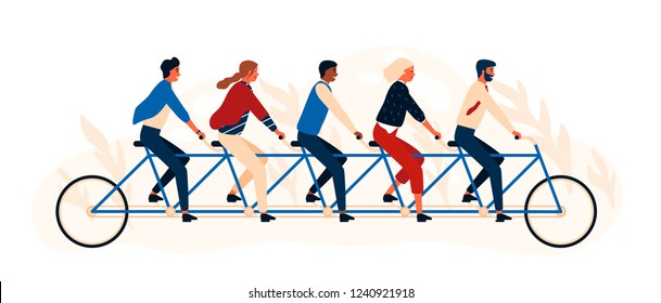 Group of happy people or friends riding tandem bicycle or quint. Young smiling men and women pedaling quintbike isolated on white background. Colorful vector illustration in flat cartoon style.