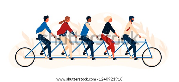 Group of happy people or friends riding tandem\
bicycle or quint. Young smiling men and women pedaling quintbike\
isolated on white background. Colorful vector illustration in flat\
cartoon style.
