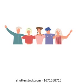 Group Of Happy People, Friends, Young People, Students, Boys And Girls, Hands On Shoulders Of Each Other, Vector Illustration Isolated On White Background