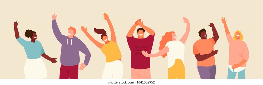 Group of happy people group with hands up. Joy and positive emotions vector illustration