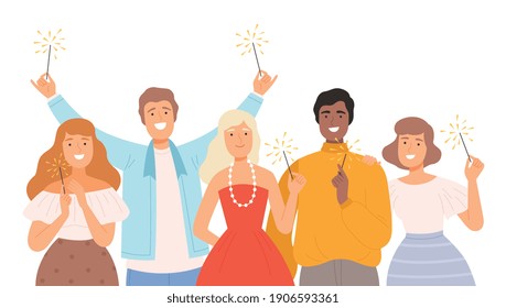 Group of Happy People Holding Burning Sparklers Together, Joyful Men and Women Celebrating Holidays Events Cartoon Style Vector Illustration