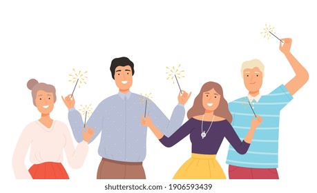 Group of Happy People Holding Burning Sparklers, Smiling Men and Women Celebrating Holidays Together Cartoon Style Vector Illustration