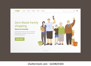 Group of happy people holding zero waste products in hands, waving hands and showing OK sign. Zero Waste Lifestyle Landing page template with different generation family