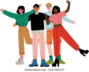 Group of Happy People Hugging, Girls and Guys Standing Together Celebrating Event Vector Illustration