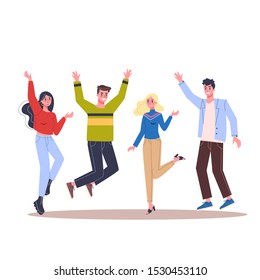 Group of happy people jump together. Idea of success and celebration. Positive company. Isolated illustration in cartoon style