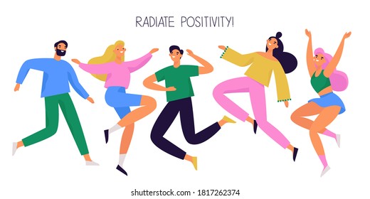 Un grupo de gente feliz saltando y bailando. Personajes diversos alegres y positivos. Ilustración vectorial colorida.