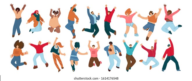 Group of happy people jumping on a white background. Young joyful jumping and dancing multiracial people with raised hands. Happiness, freedom, motion and motivational concept