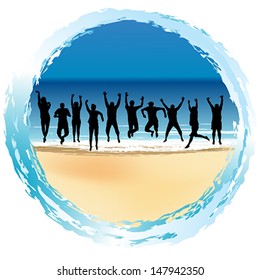 Group of happy people jumping at the seaside