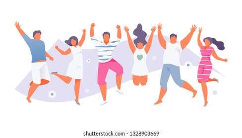 Group of happy people jumping in summer clothes. Modern Vector Illustration