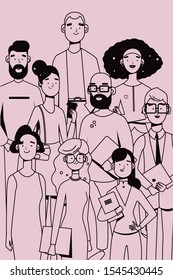 group of happy people looking at camera, managers team, businessmen and businesswomen, business concept. Cartoon flat vector illustration in line style