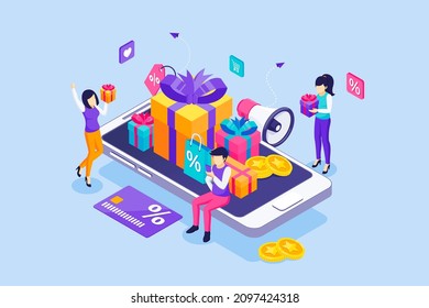 Group of happy people near a giant smartphone with Gift boxes, Rewards card points, Discounts, and Bonuses. Loyalty program and Customer reward concept. Isometric Vector Illustration