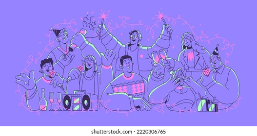 A group of happy people at a New Year's Eve party. The evening before Christmas. People drink champagne, sing songs, give gifts and have fun. Vector illustration.