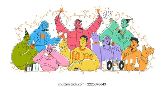 A group of happy people at a New Year's Eve party. The evening before Christmas. People drink champagne, sing songs, give gifts and have fun. Vector illustration.