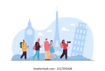 Group of happy people on tour around Europe. Photographers taking photos of famous sights in cities with cameras or phones flat vector illustration. Traveling, vacation, tourism concept for banner