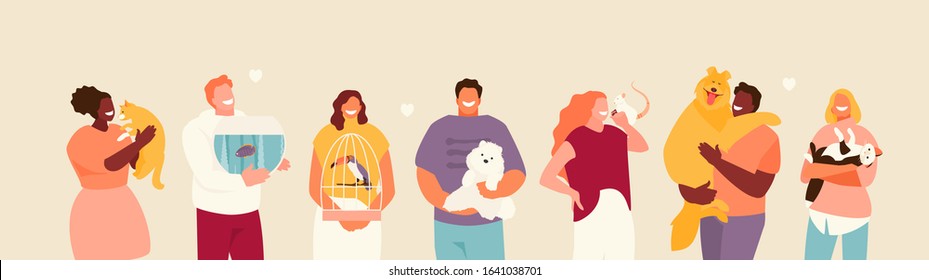 Group of happy people with pets in their arms. Friendship and care for animals vector illustration