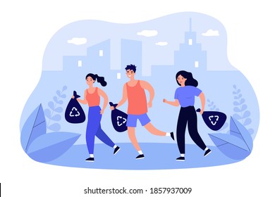 Group of happy people picking up litter while jogging. Sporty man and woman running and carrying plastic bags with recycling sign. For plogging, active lifestyle, environment protection concept