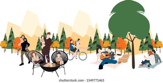 Group of happy people at picnic in forest camp or park. Young smiling men, women and kids preparing food, drink wine, ride on bicycle,playing on guitar etc. Flat cartoon colorful vector illustration