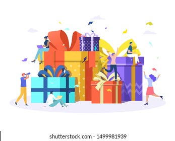 Group of happy people with pile of big gift box, online reward, man give a present to woman vector illustration concept, can use for, landing page, template, ui, web, homepage, poster, banner, flyer