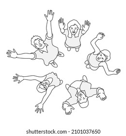 Group Of Happy People With Raised Hands Looking Up. View From Above. Hand Drawn Vector Illustration. Black And White.