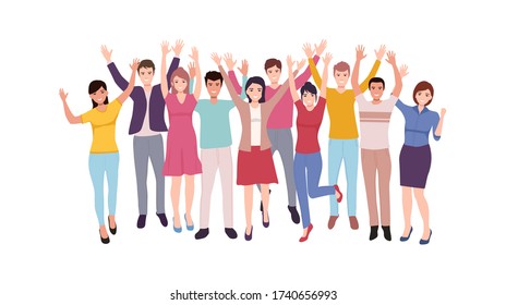 Group of happy people raising hand celebrating success after corona virus pandemic lock down quarantine is over in flat icon design