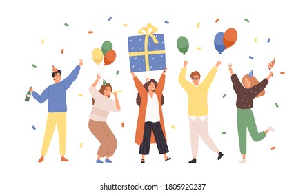 Group of happy people raising hands celebrating holiday with colorful confetti vector flat illustration. Woman hold gift box having fun with friends isolated. Person with balloons and champagne