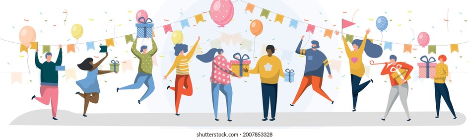 Grupo de personas felices levantando las manos celebrando las fiestas. Hombre y mujer felicitando a un amigo o colega de la piel oscura con regalo de cumpleaños regalo sorpresa regalo de regalo ilustración vectorial caja