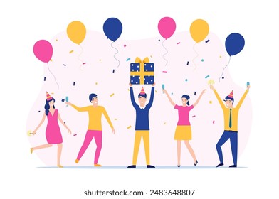 Group of happy people raising hands celebrating holiday. man hold gift box having fun with friends. Vector illustration in flat style