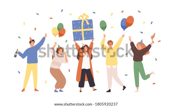 Group of happy people raising hands celebrating\
holiday with colorful confetti vector flat illustration. Woman hold\
gift box having fun with friends isolated. Person with balloons and\
champagne