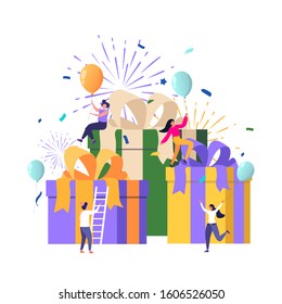 Group of happy people receive gift boxes. Online reward concept, can be used for referral programs, landing page, template, user interface, website, poster, banner, flyer, coupon. Vector flat design