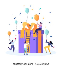 Group of happy people receive gift boxes. Online reward concept, can be used for referral programs, landing page, template, user interface, website, poster, banner, flyer, coupon. Vector flat design