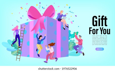 Group of happy people receive a gift box. online reward. digital referral program. celebrating birthday or anniversary. surprize or christmas event or grand opening with prize drawing. Vector flat.