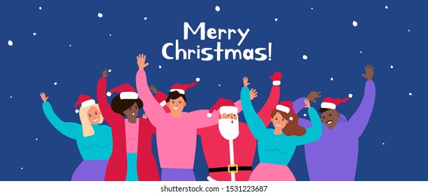 group of happy people and santa claus celebrating merry christmas