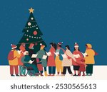 Group of Happy People in Santa Hats Singing Christmas Carols. Winter Holidays Characters. Xmas Singers Caroling at night under the Christmas tree. Flat Vector illustration