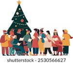 Group of Happy People in Santa Hats Singing Christmas Carols. Winter Holidays Characters. Xmas Singers Caroling Choir Man and Woman. Isolated flat Vector illustration