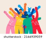 A group of happy people standing together Waving and inviting new customers Colleagues multi-ethnic team concept happy welcome newcomer. Colorful vector illustration 
