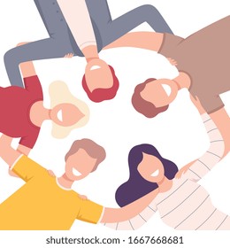 Group of Happy People Standing Together Forming Circle, Low Angle View Flat Vector Illustration