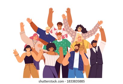 Group of happy people standing together, waving and inviting new customer, colleague. Concept of happy multiethnic team welcome newcomer. Flat vector cartoon illustration isolated on white