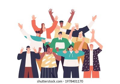 Group Of Happy People Standing Together, Waving And Inviting New Customer, Colleague. Concept Of Happy Multiethnic Team Welcome Newcomer. Vector Illustration